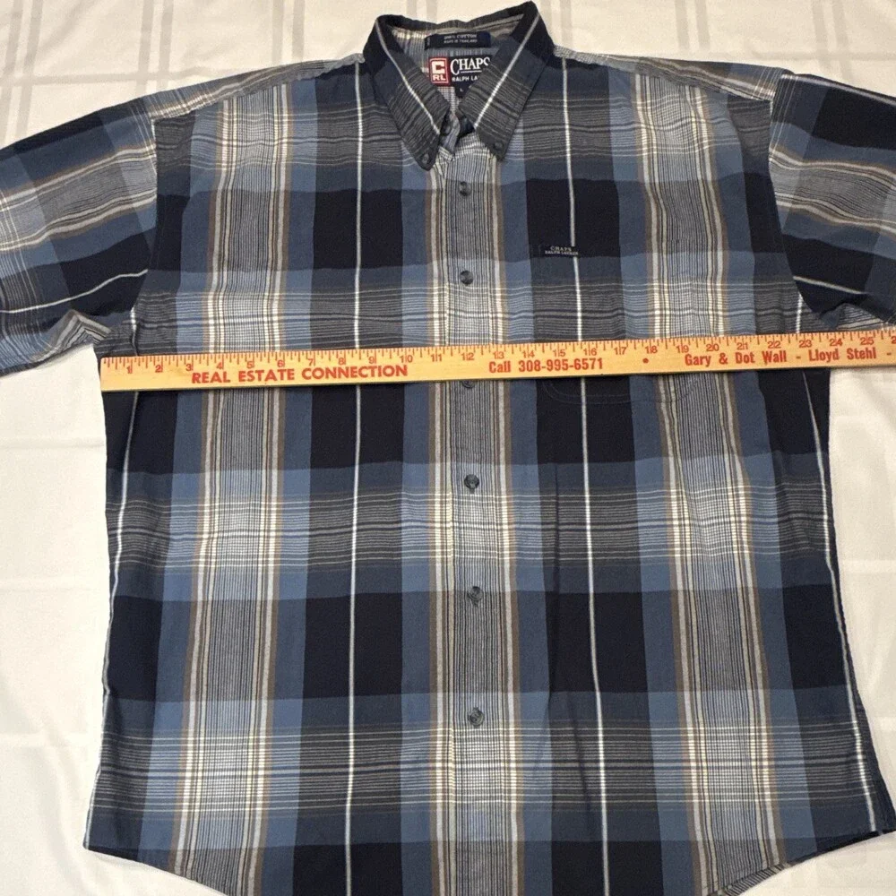 Vintage Chaps Ralph Lauren Plaid Shirt Mens L Short Sleeve Button Down Blue 90s